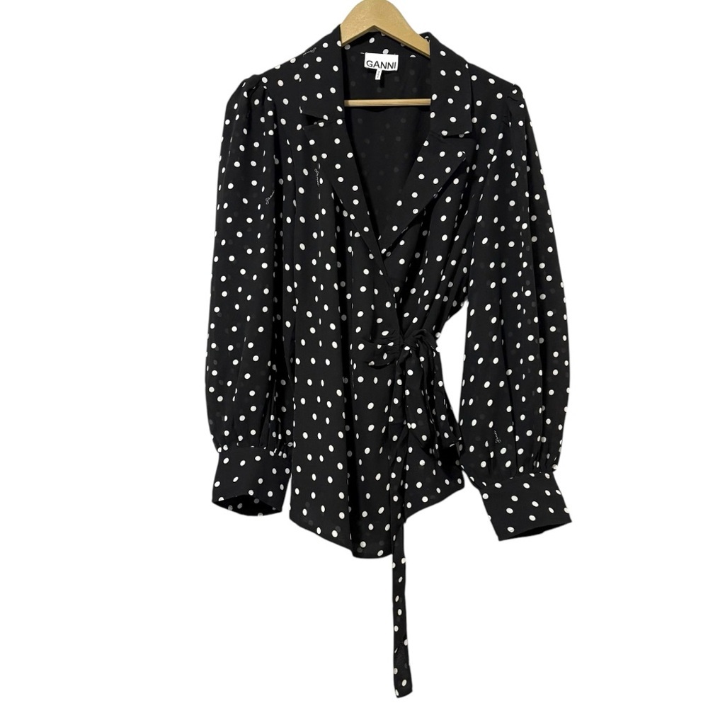 GANNI Black White Polka Dot‎ Crepe Wrap Top Size 44 Puff Sleeve Neutral Designer